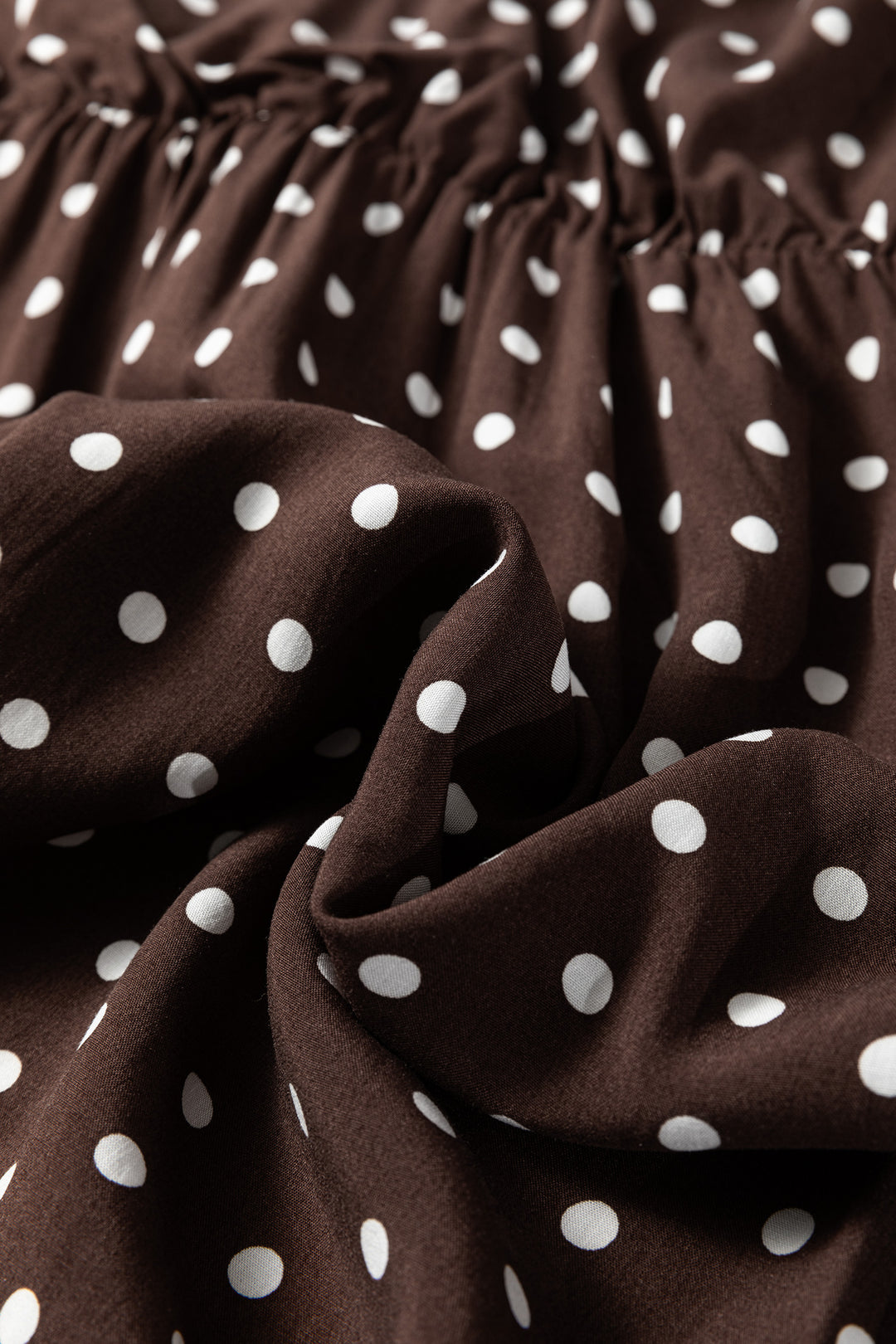 Chicory Coffee Polka Dot Long Sleeve Wrap V Neck Ruffle Hem Mini Dress