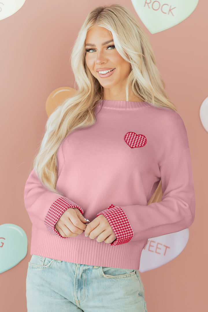 Light Pink Plaid Heart Embroidered Cuffed Drop Shoulder Crew Neck Sweater