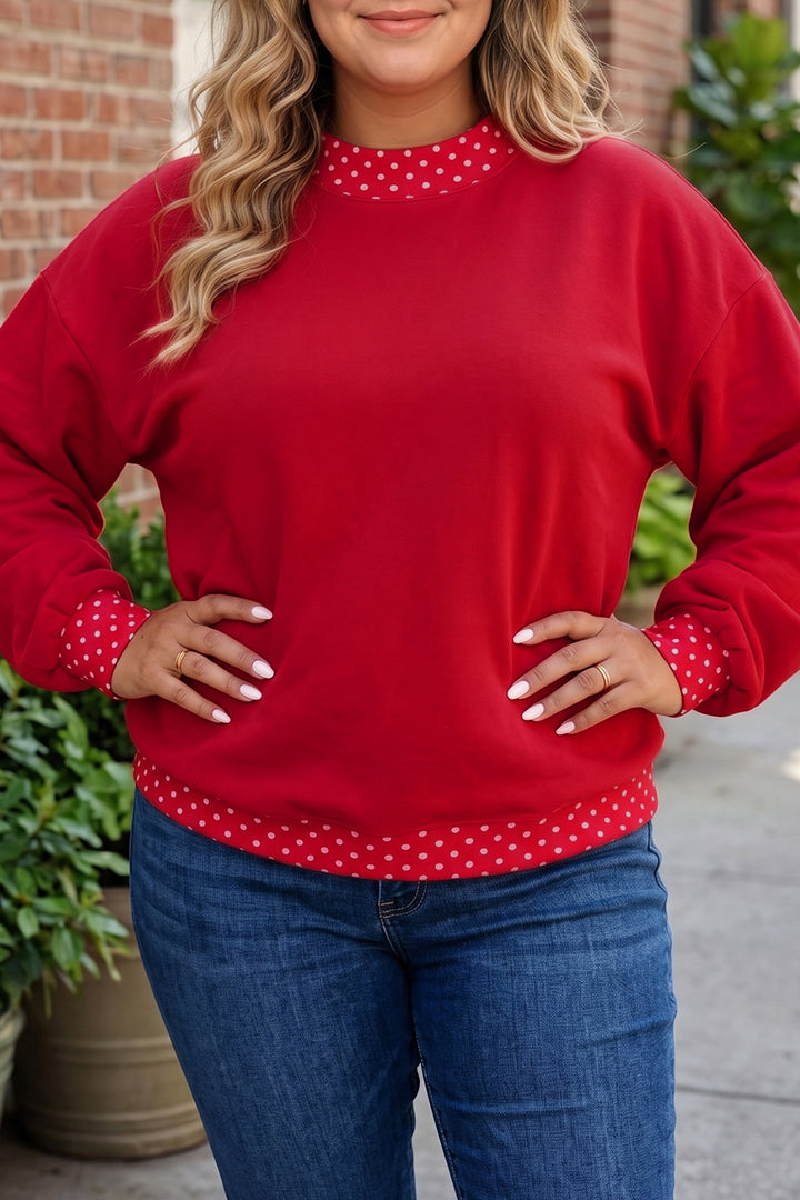 Racing Red Polka Dot Patchwork Round Neck Plus Size Sweatshirt