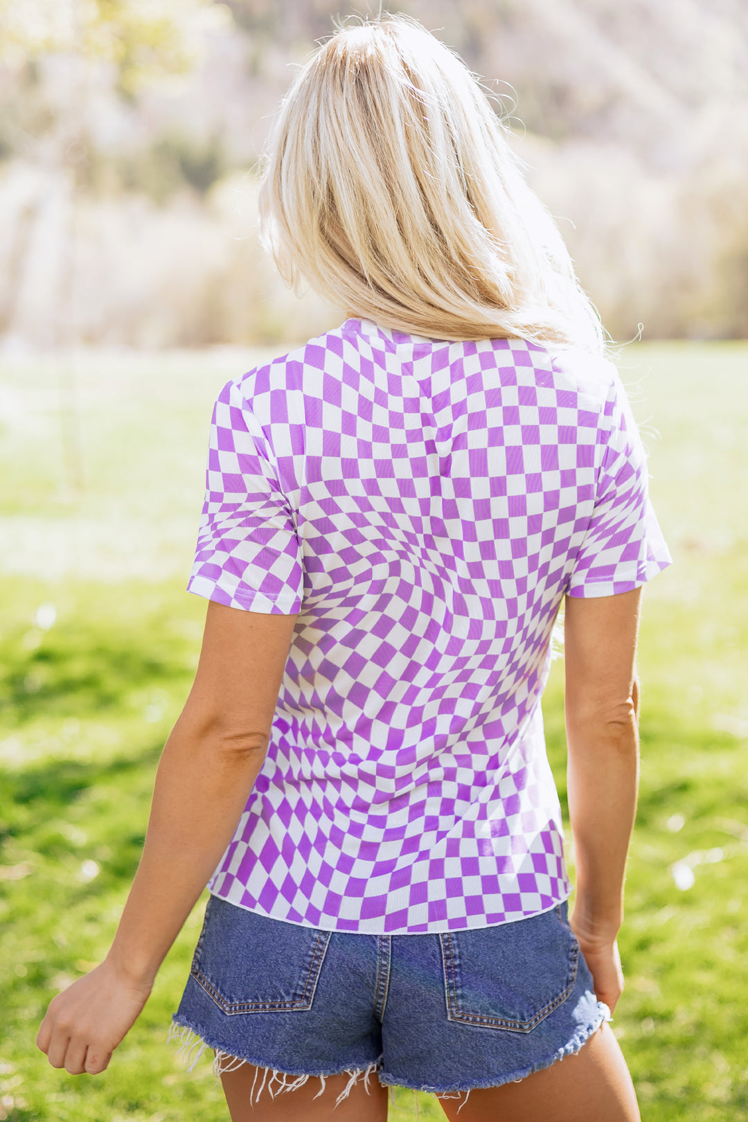 Checkered Print Mock Neck Mesh T Shirt
