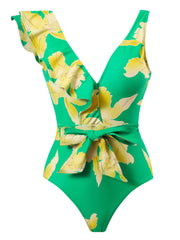 a green and yellow one piece swimsuit with a bow