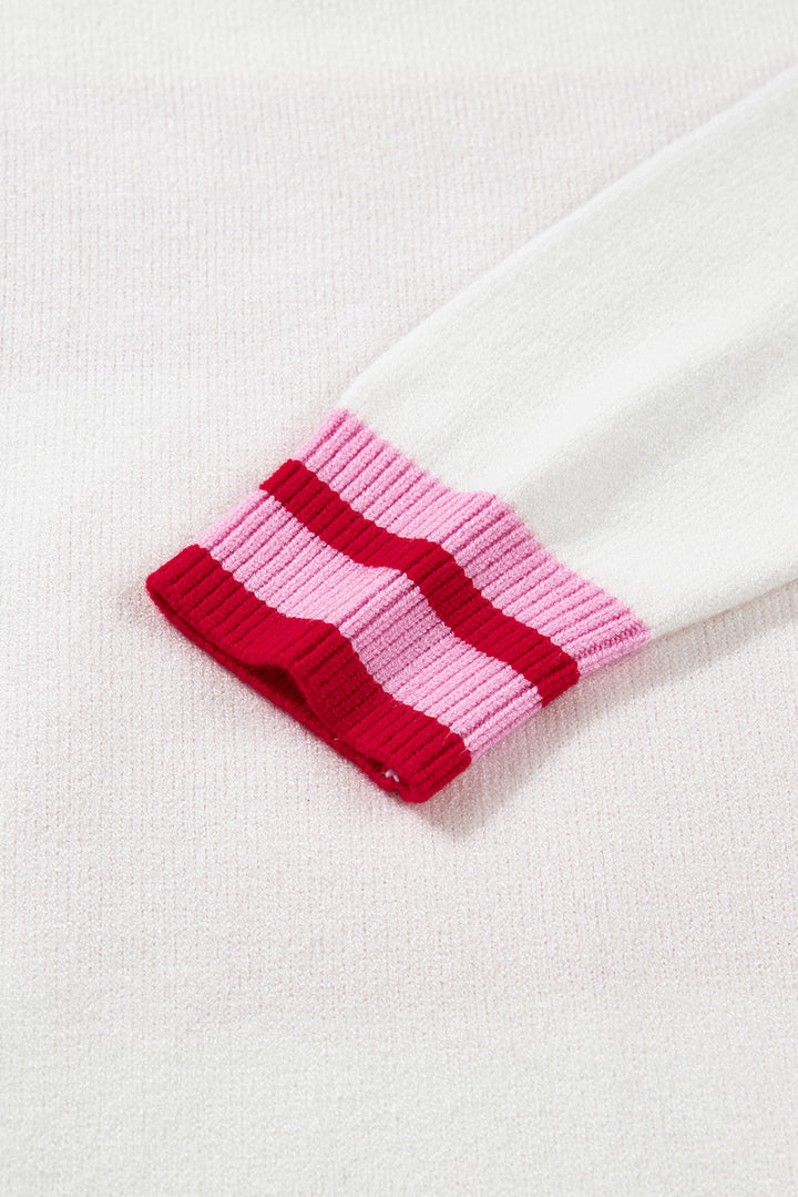 White Striped Trim Bow Graphic Round Neck Drop Shoulder Sweater