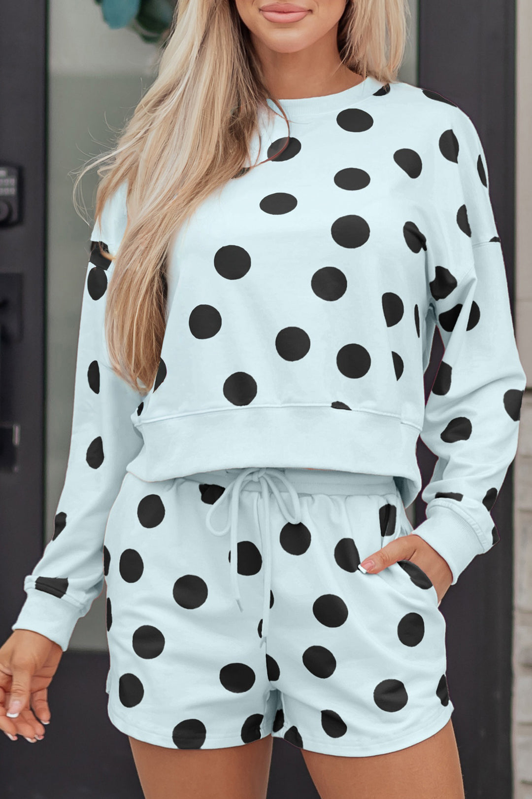 Polka Dot Print Drop Shoulder Pullover Drawstring Shorts Set