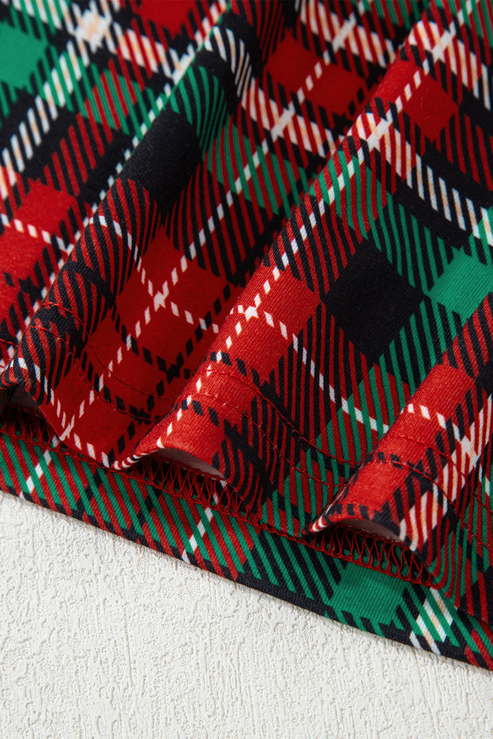 Racing Red Retro Plaid Leopard Print Patchwork Long Sleeve Shorts Pajama Set