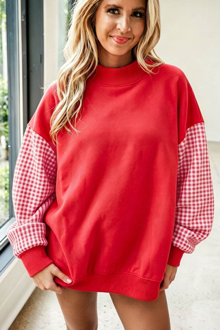 Plaid Sleeve Color block Loose Tunic Sweatshirt