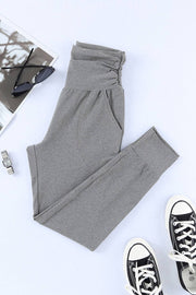 Grey Basic Pleated Pocket High Waisted Leggings -