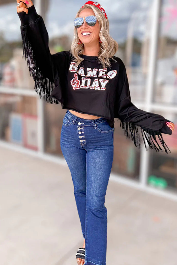 Black GAME DAY Tasseled Cropped Sweatshirt