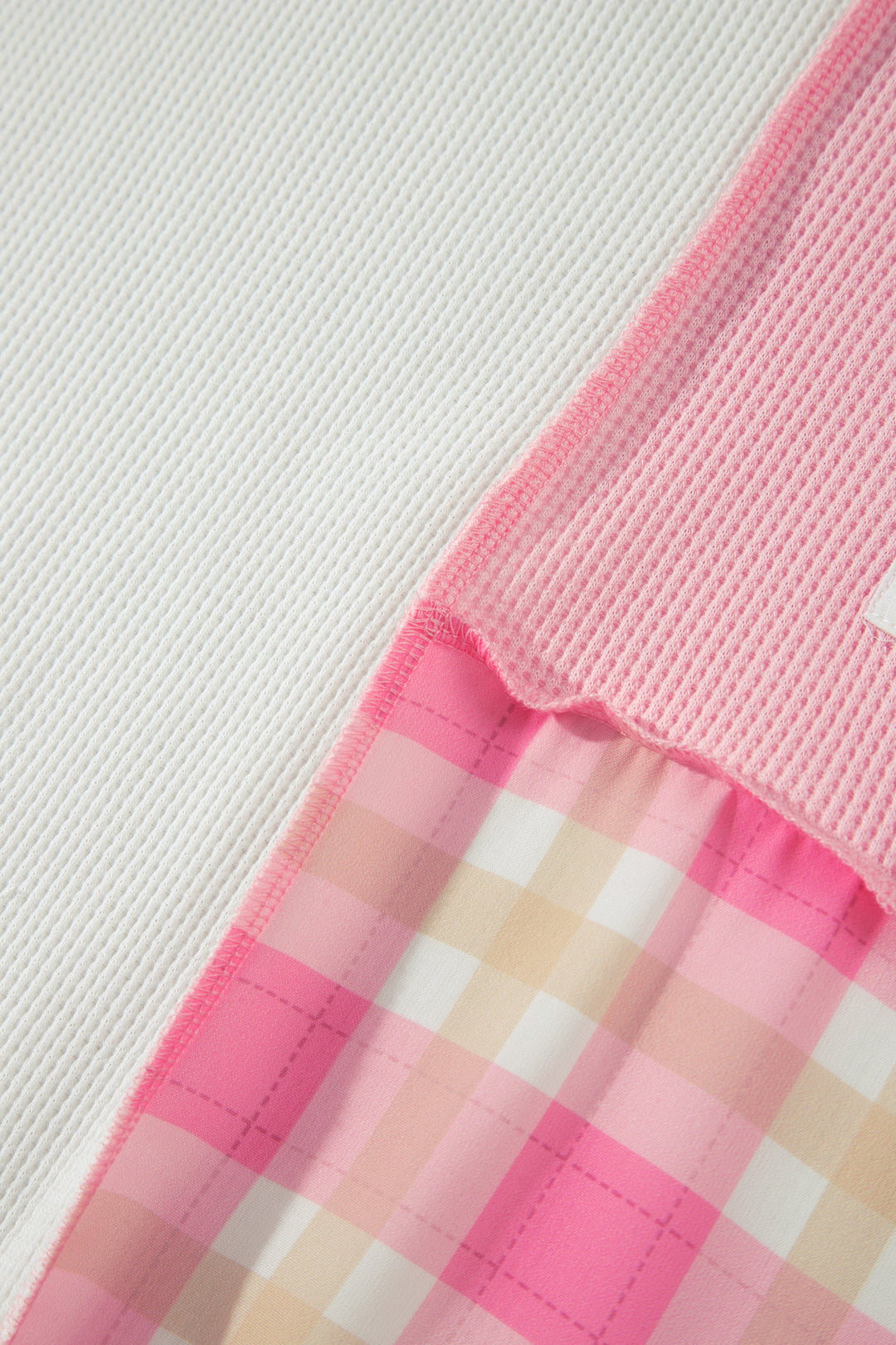 Pink Colorblock Plaid Panel Long Sleeve Plus Size Blouse