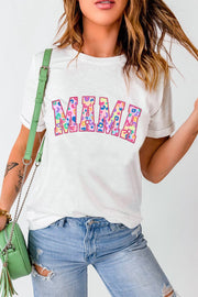 White MAMA Leopard Embroidered Crew Neck Graphic Tee -