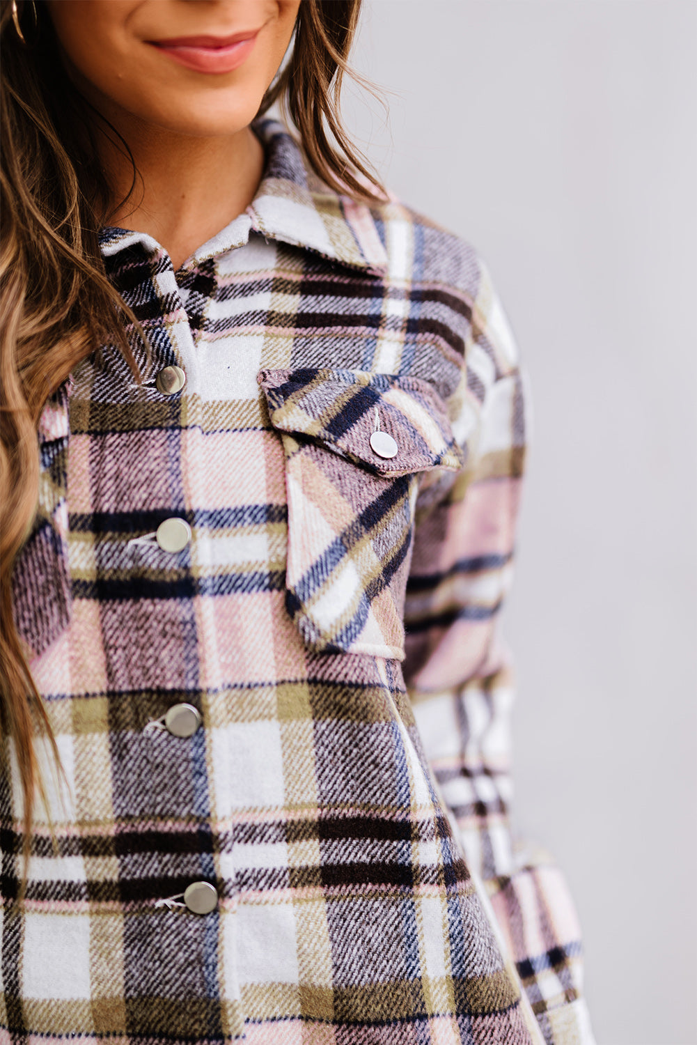 Geometric Plaid Print Pocketed Shacket -