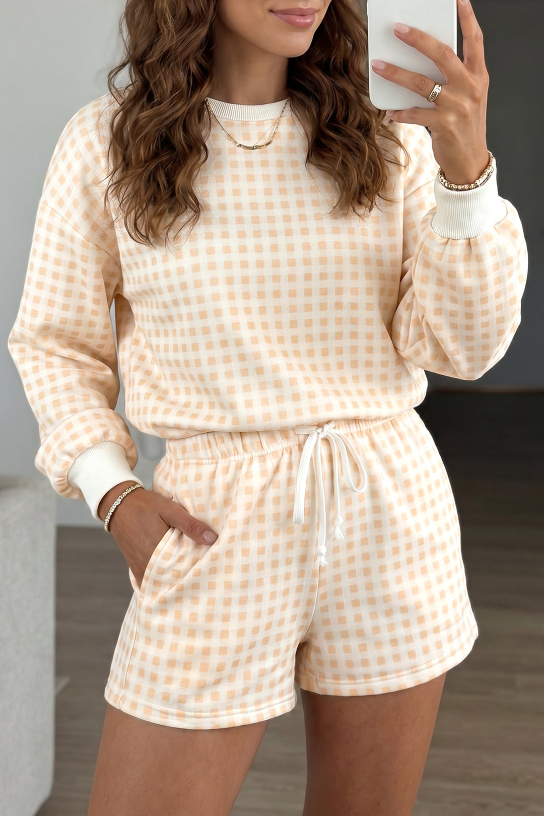 Plaid Baggy Pullover Drawstring Casual Shorts 2pcs Outfit