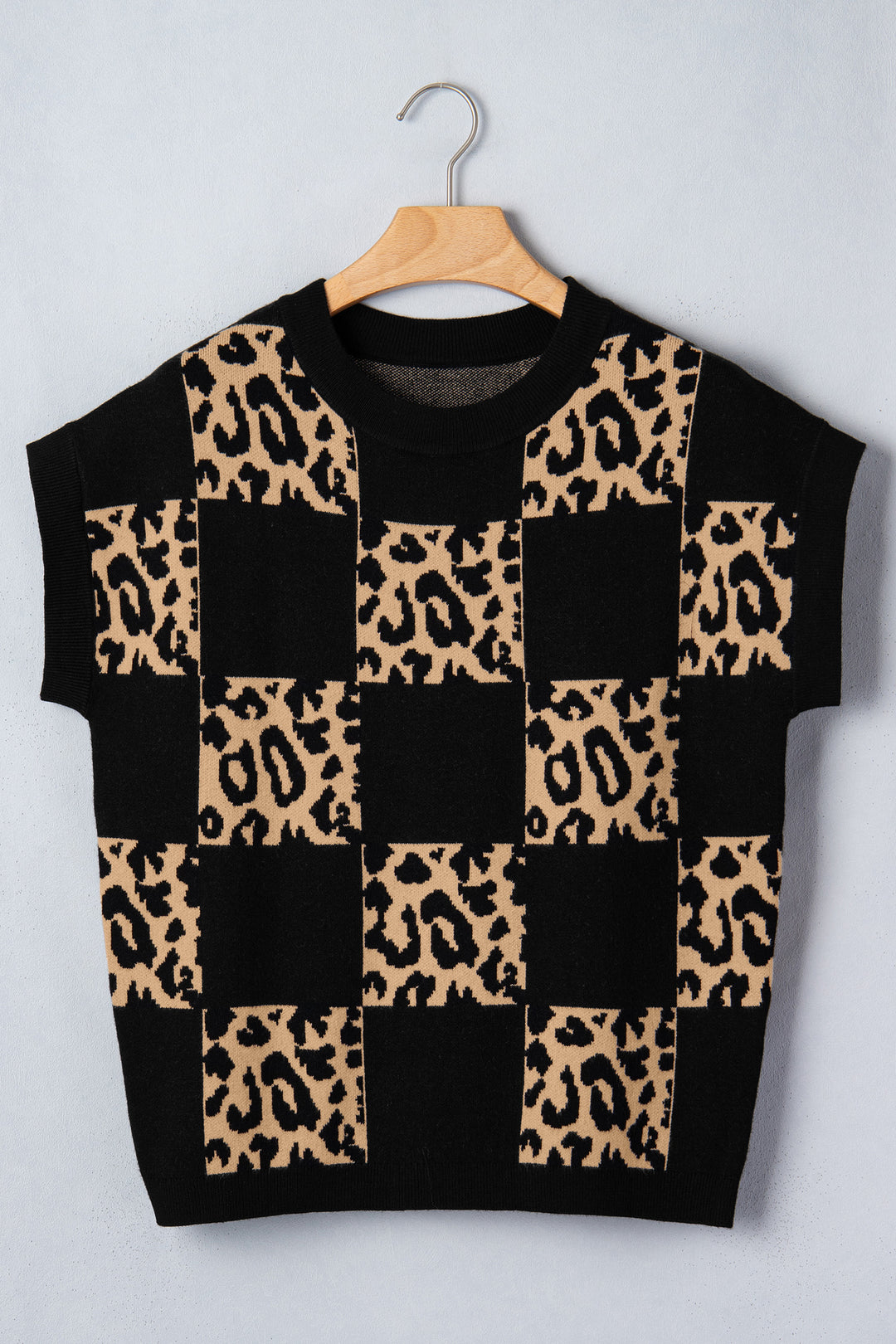 Leopard Checkerboard Short Sleeve Knit Sweater