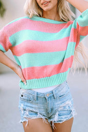 Green Contrast Striped Drop Shoulder Loose Sweater -