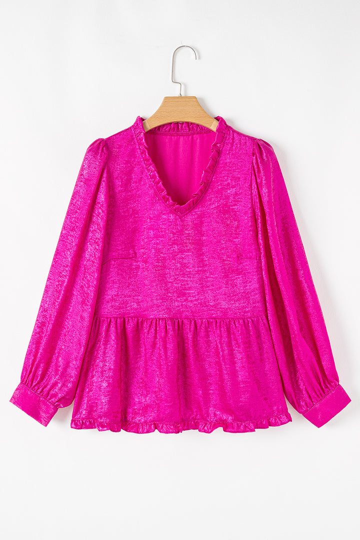 Flat lay of Pink Metallic Frilled V Neck Puff Sleeve Babydoll Blouse, available at Faith & Co. Boutique, perfect for daily wear and autumn vibes.
