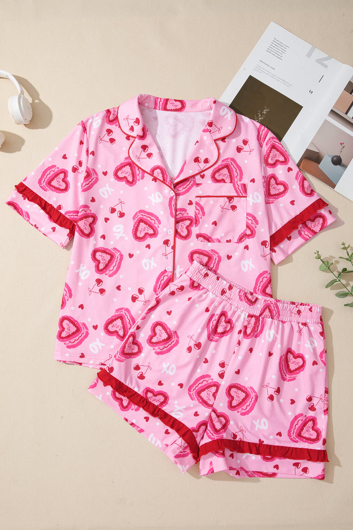 Pink Sweet Heart Cake Print Contrast Ruffle Trim Valentines 2pcs Pajama Set