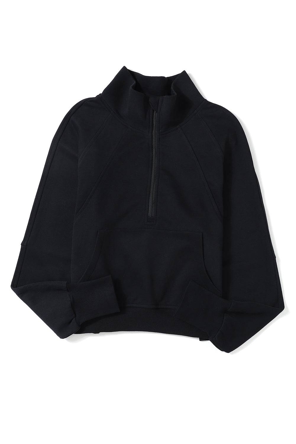 a black sweatshirt with a zipper on the chest