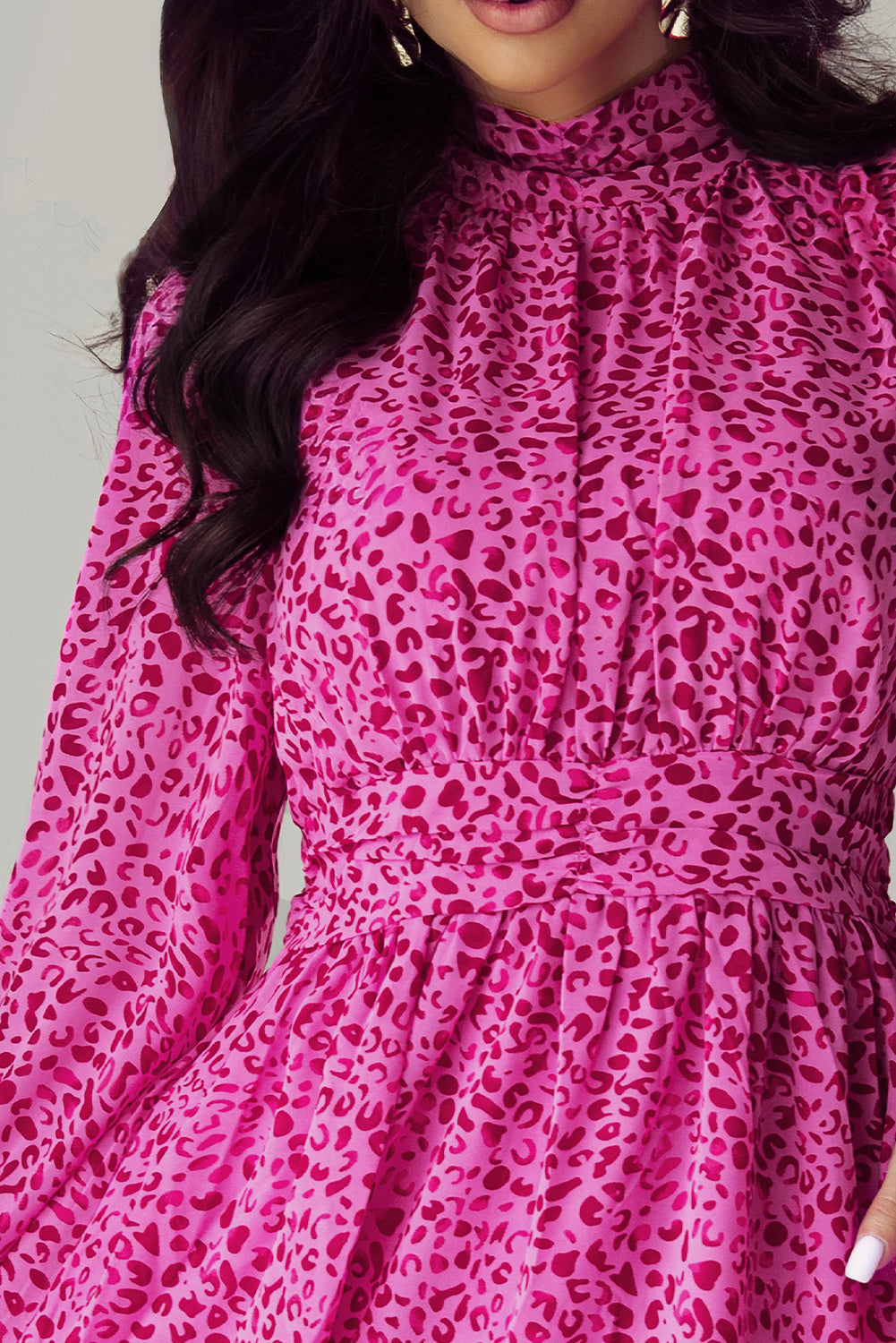 Rose Leopard Puff Sleeve Knotted High Neck Ruffle Dress