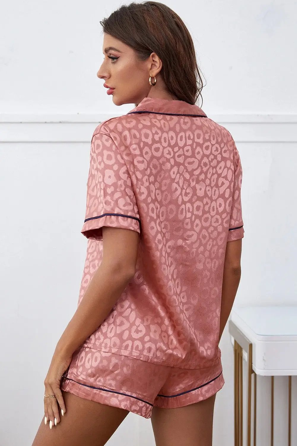 Pink Leopard Button Up Collar Neck Shirt & Shorts Lounge Set -