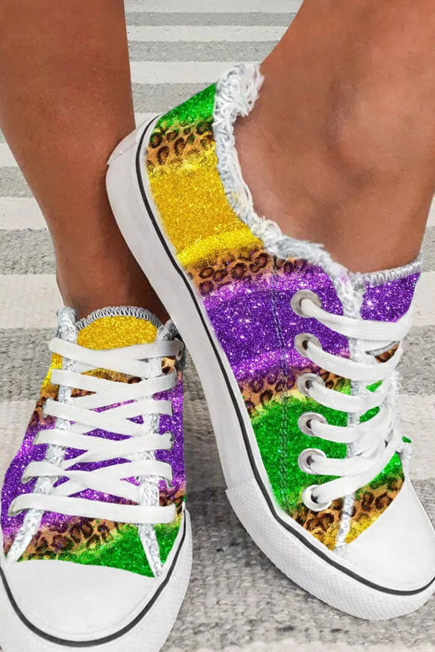 Multicolor Leopard Color Block Lace-up Canvas Shoes - Multicolor / 38 / 100%PVC