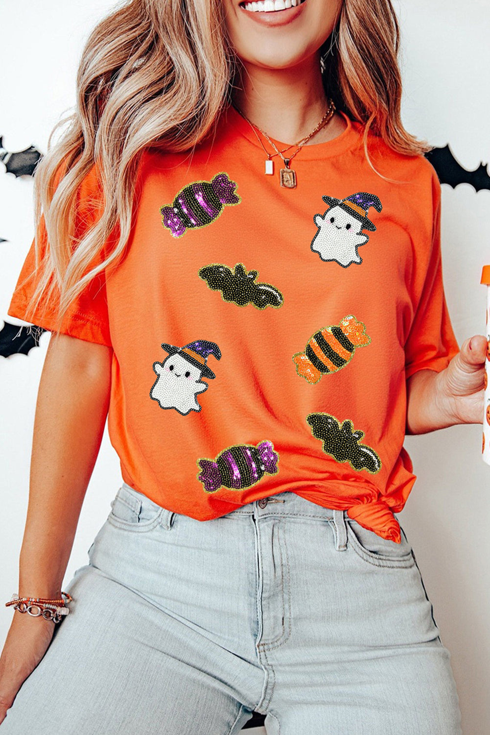 Sequined Halloween Spirit Pattern Patched Custom Casual Tee
