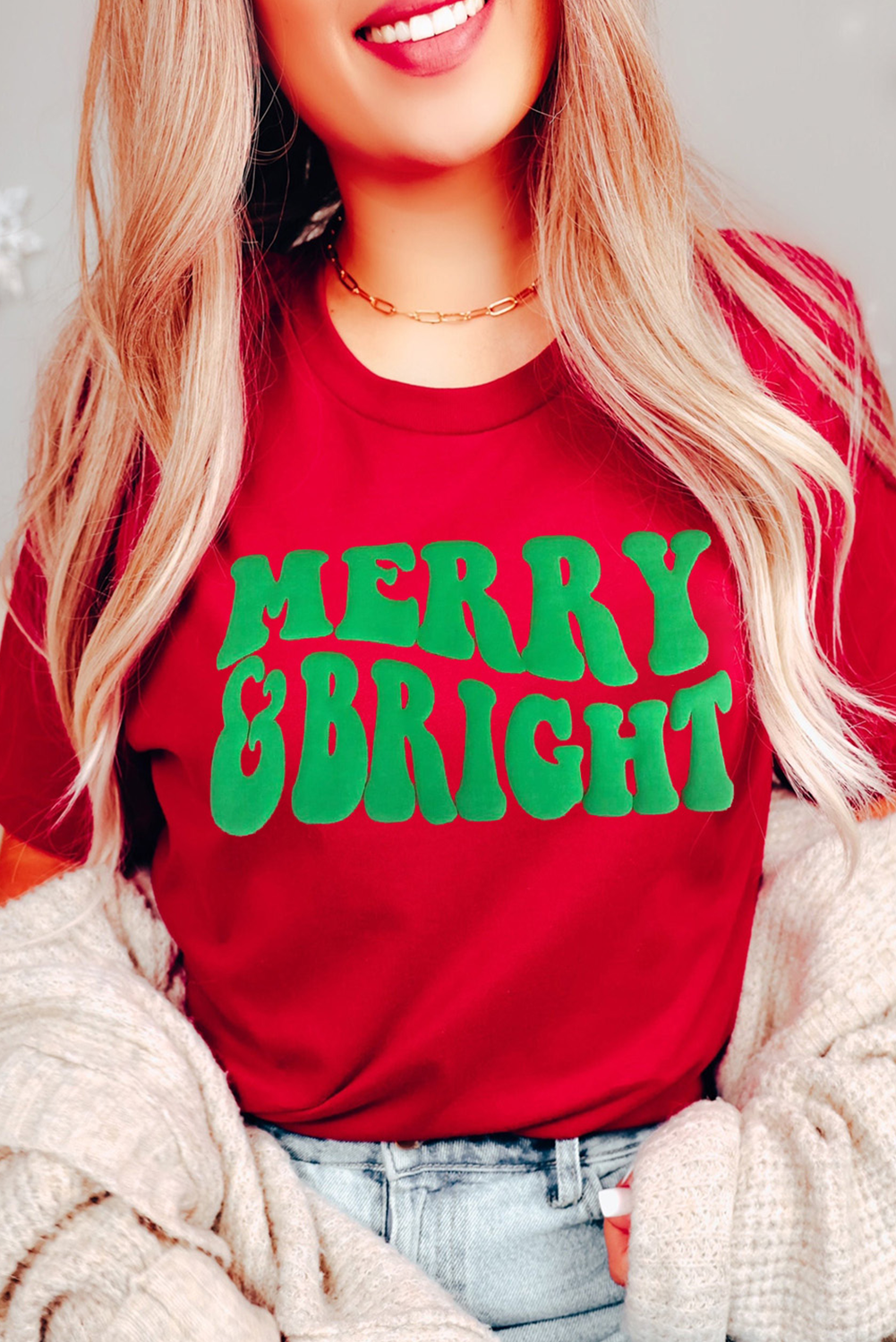 Red MERRY BRIGHT Crew Neck Graphic T Shirt