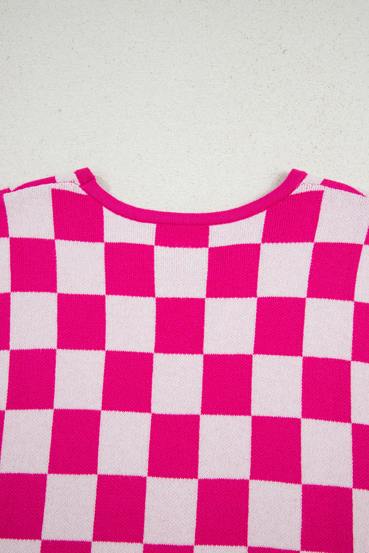 Rose Check Pattern Cap Sleeve Knitted BLOUSE