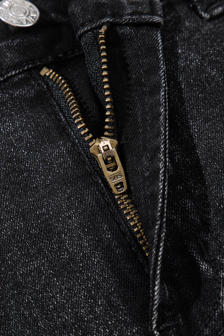 Carbon Grey Mineral Wash Ripped Raw Hem Denim Mini Skirt