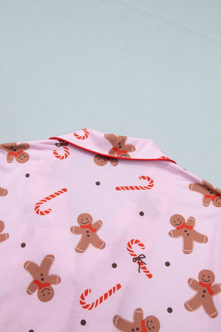 Pink Short Sleeve Placket Shell Button Elastic Waist Lounge Set