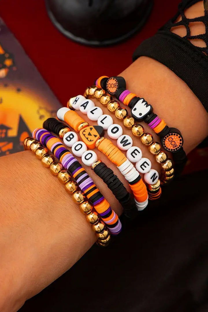 Russet Orange Playful 7pcs Halloween Beaded Bracelet Set