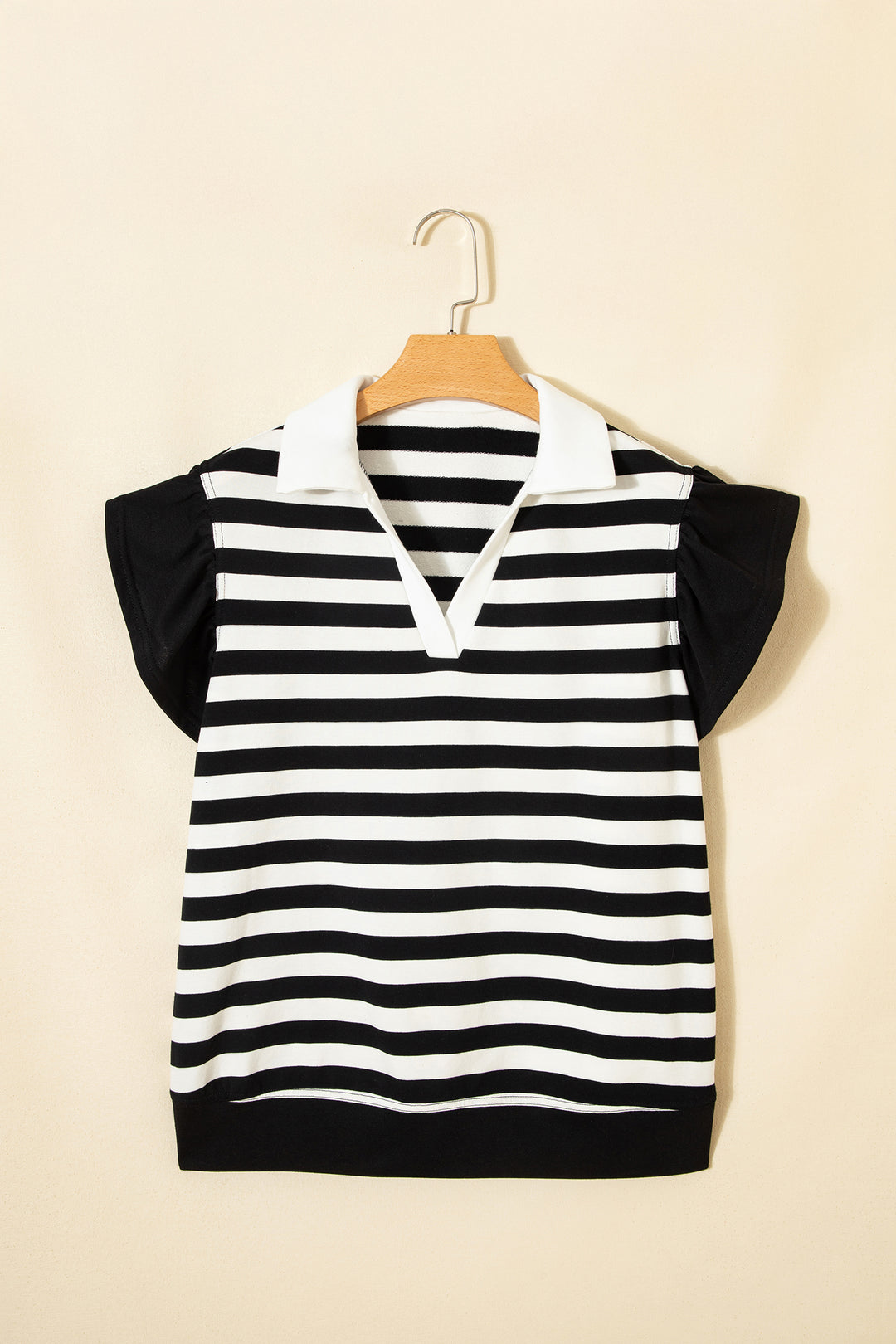 Stripe Collar V Neck Ruffled Short Sleeve Blouse