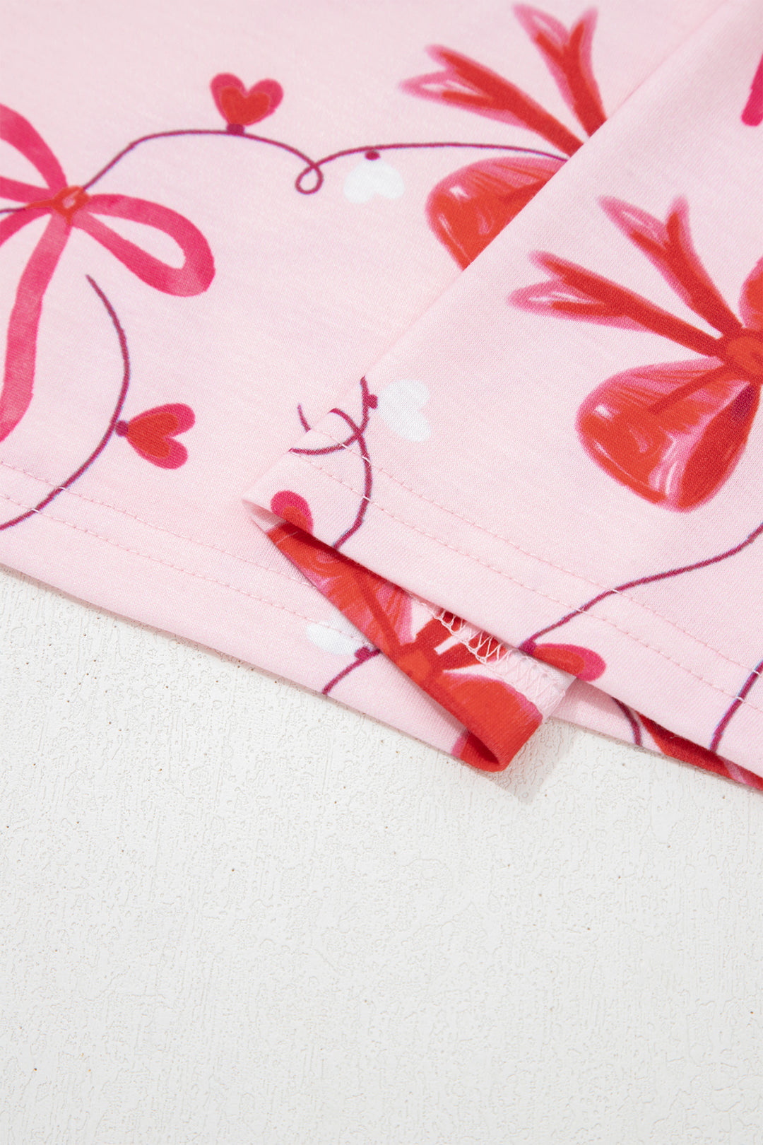 Red Romantic Bow Print Loose Tee Drawstring Shorts 2pcs Lounge Set