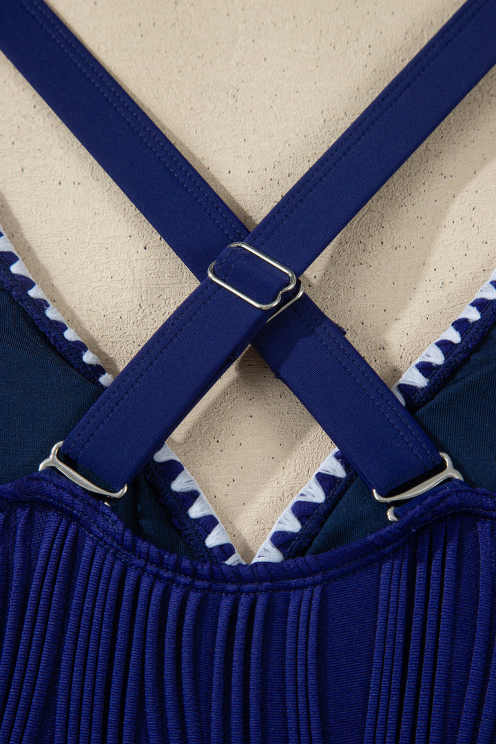 Stitched Trim V Neck Textured Mix and Match High Waist Bikinis