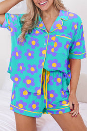 Green Flower Print Buttoned Shirt and Drawstring Waist Pajama Set - Green / S