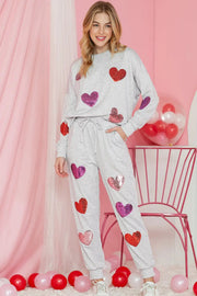 Gray Sequins Heart Graphic Top & Drawstring Pants Pajama Set - Gray / 2XL