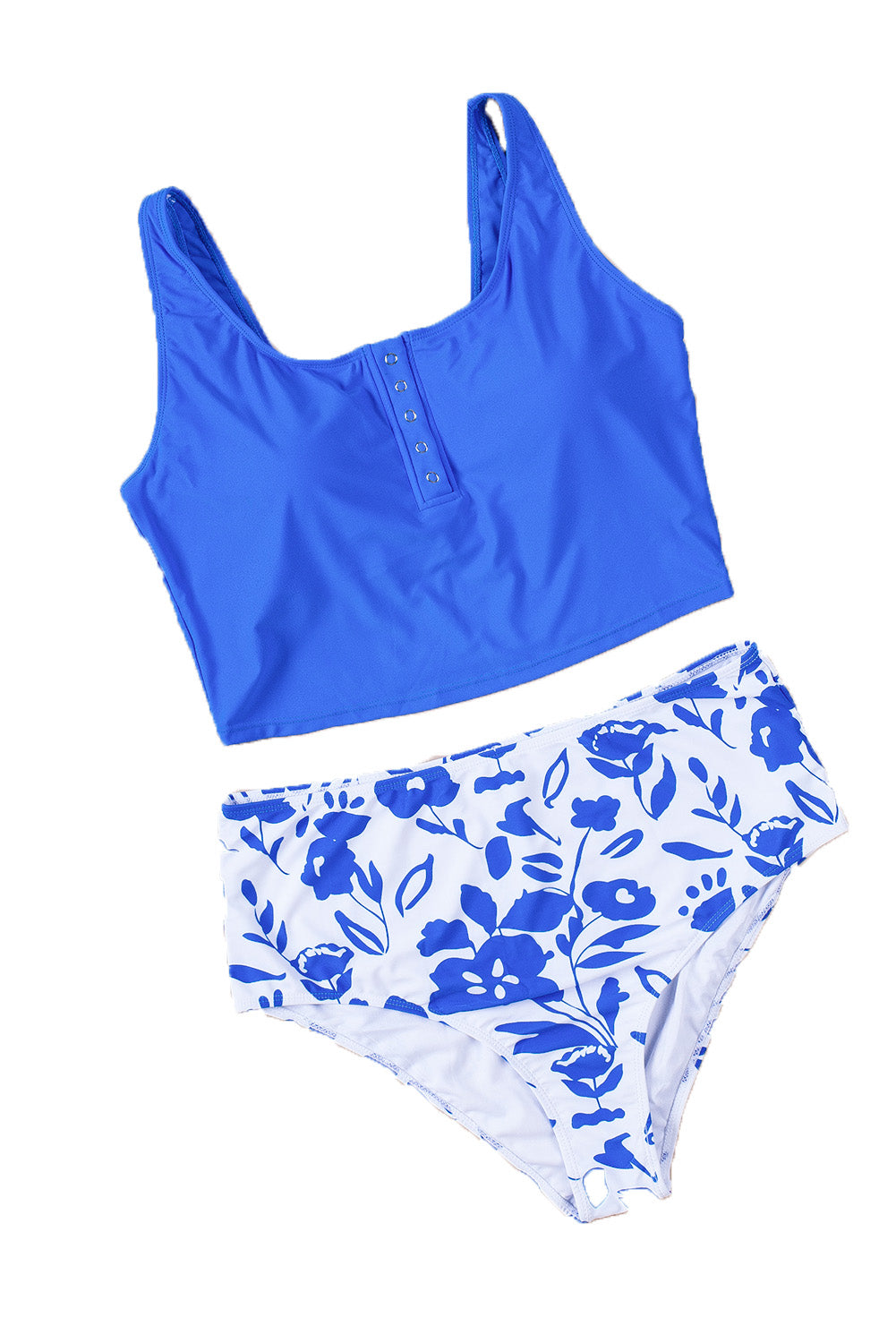 Blue Square Neck Sleeveless Floral Print Tankini Swimsuit