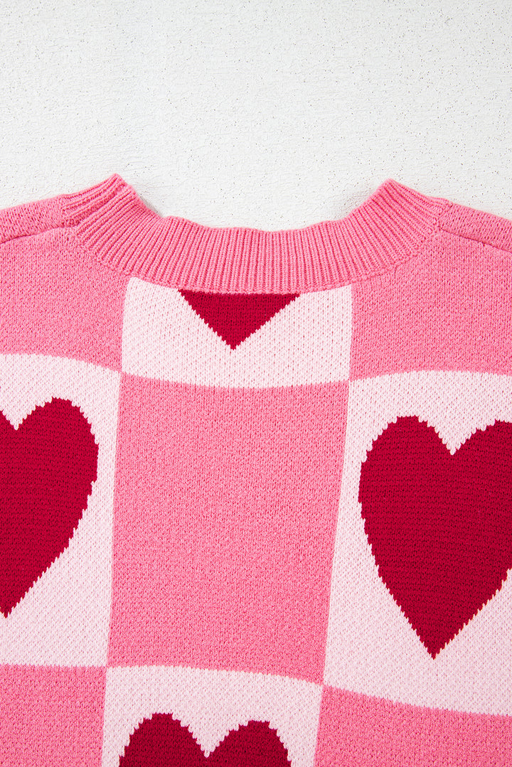 Pink Love Heart Checkered Valentine Crew Neck Sweater