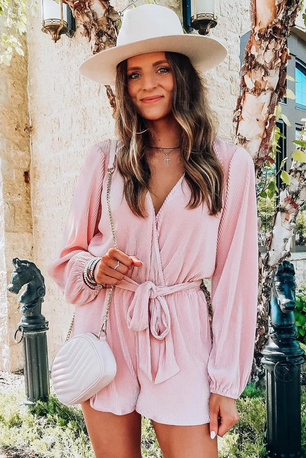 Pink Ripped Surplice V Neck Bubble Sleeve Romper -