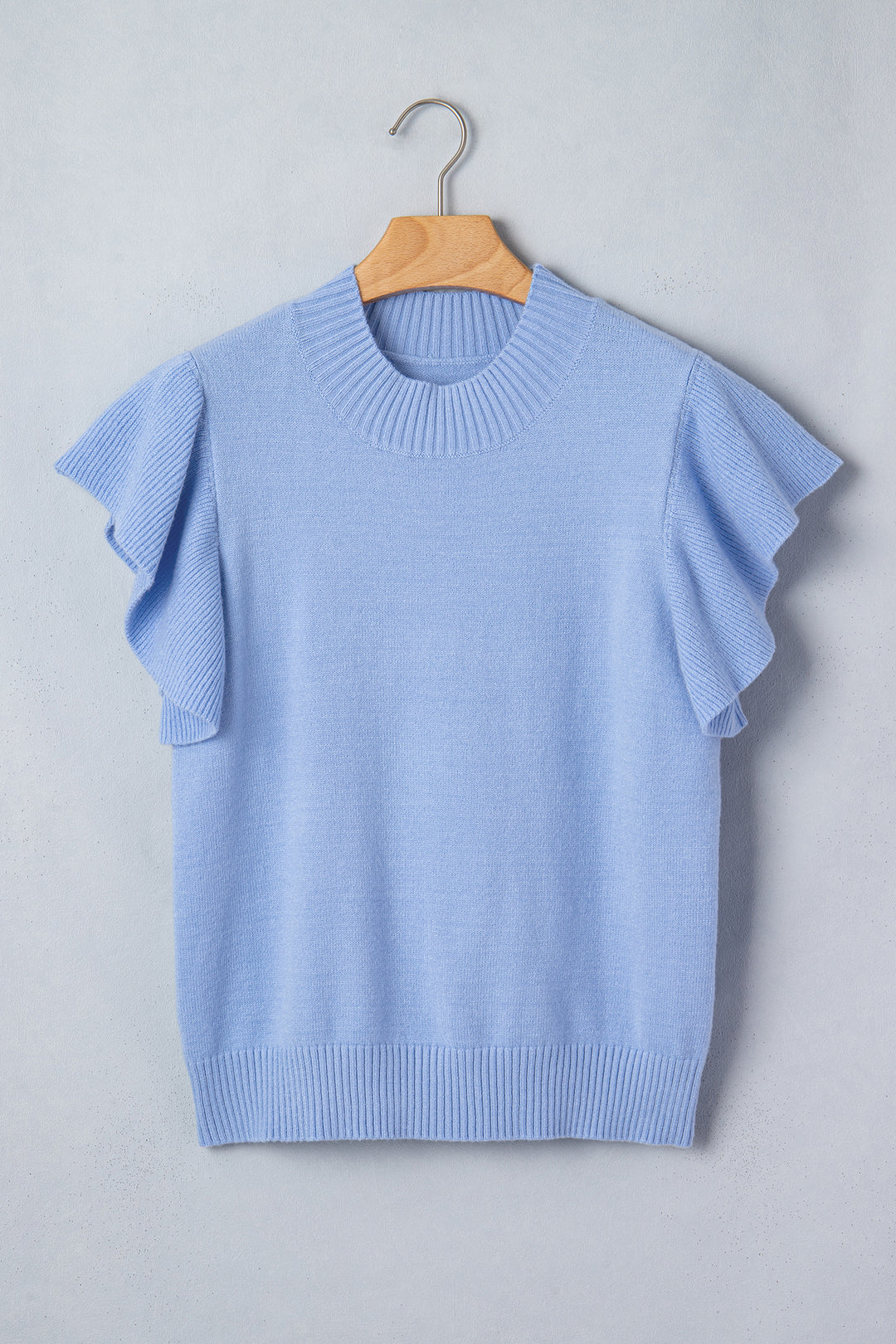 Solid Color Ribbed Trim Round Neck Ruffle Short Sleeve Sweater