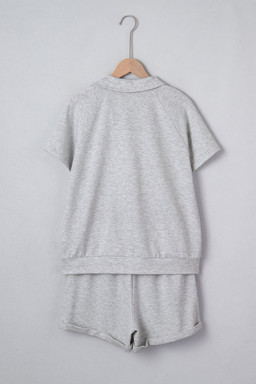 Light Grey Collared V Neck Tee Drawstring Elastic Waist Shorts 2pcs Outfit