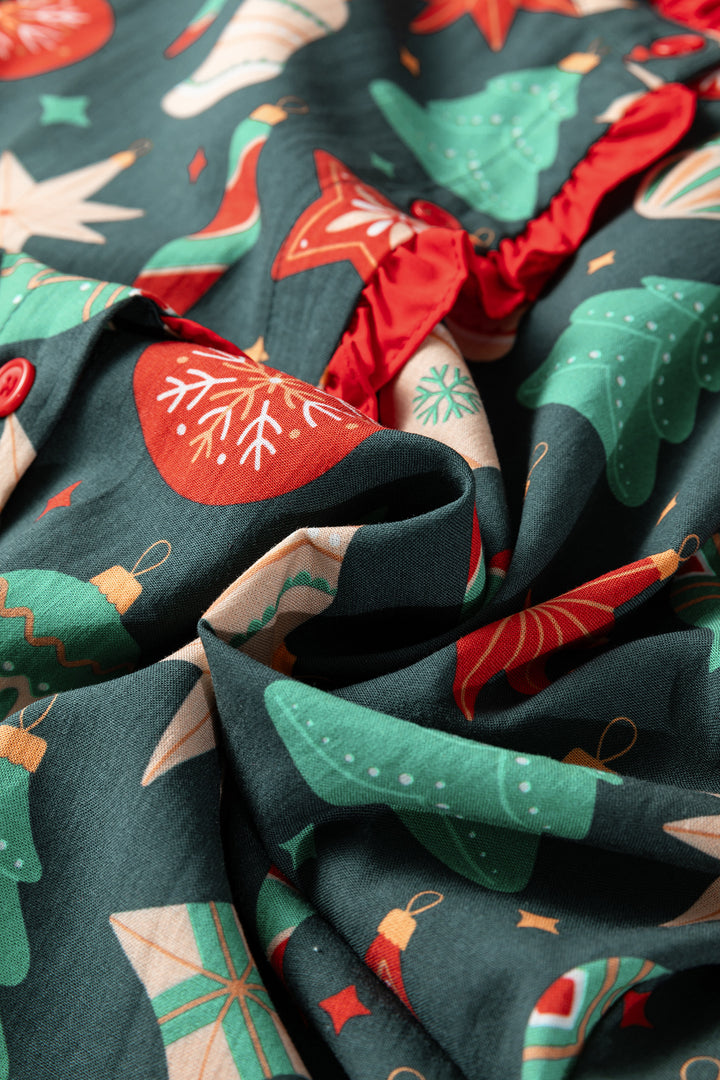 Green Christmas Fashion Print Contrast Trim Frilled Neck Short Sleeve Blouse