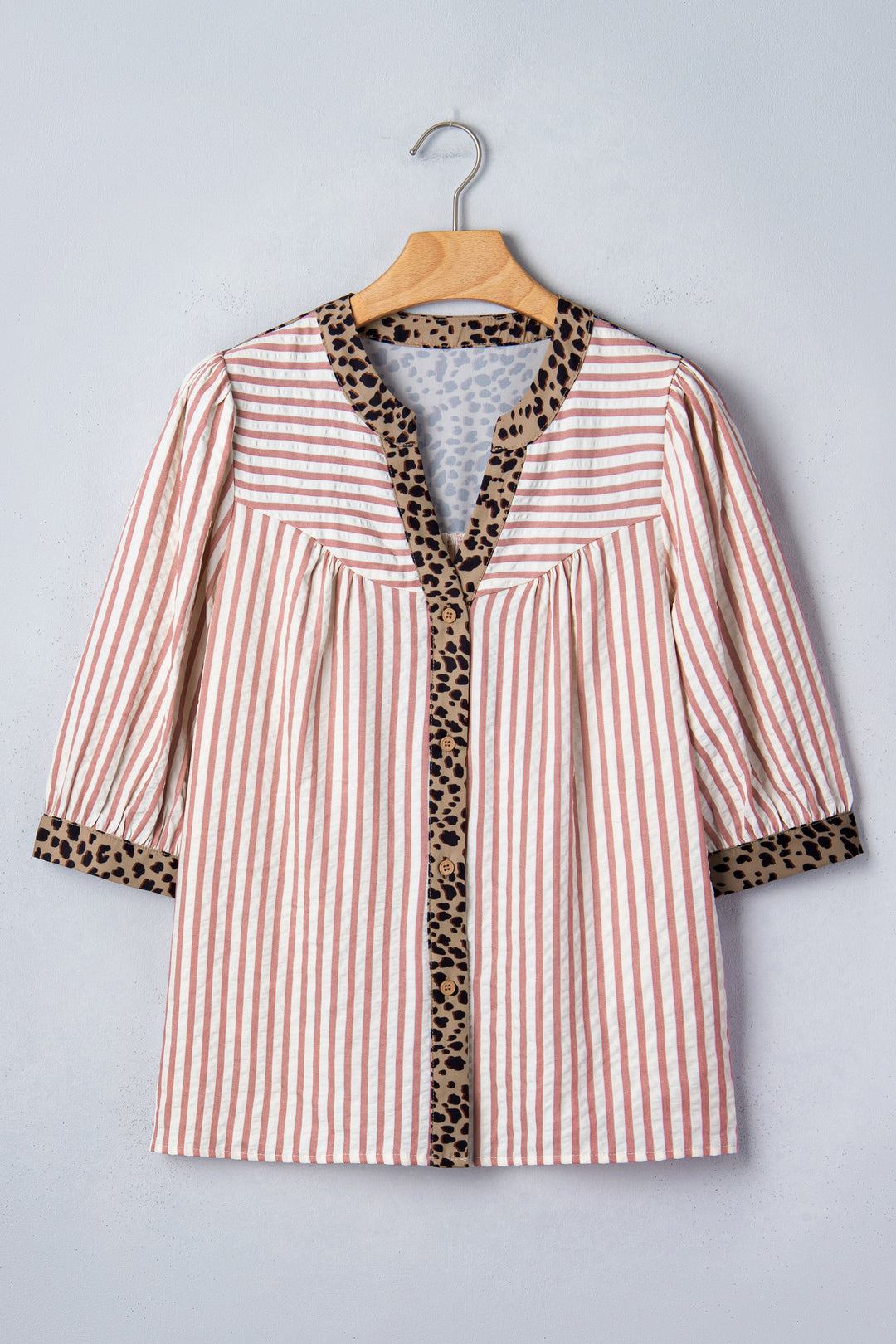 Pink Stripe Leopard Trim V Neck Button Down Half Sleeve Shirt