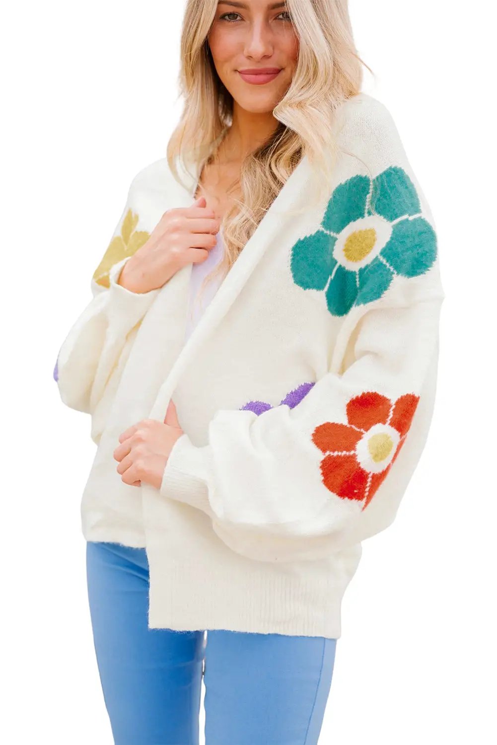 White Flower Jacquared Bubble Sleeve Open Cardigan -