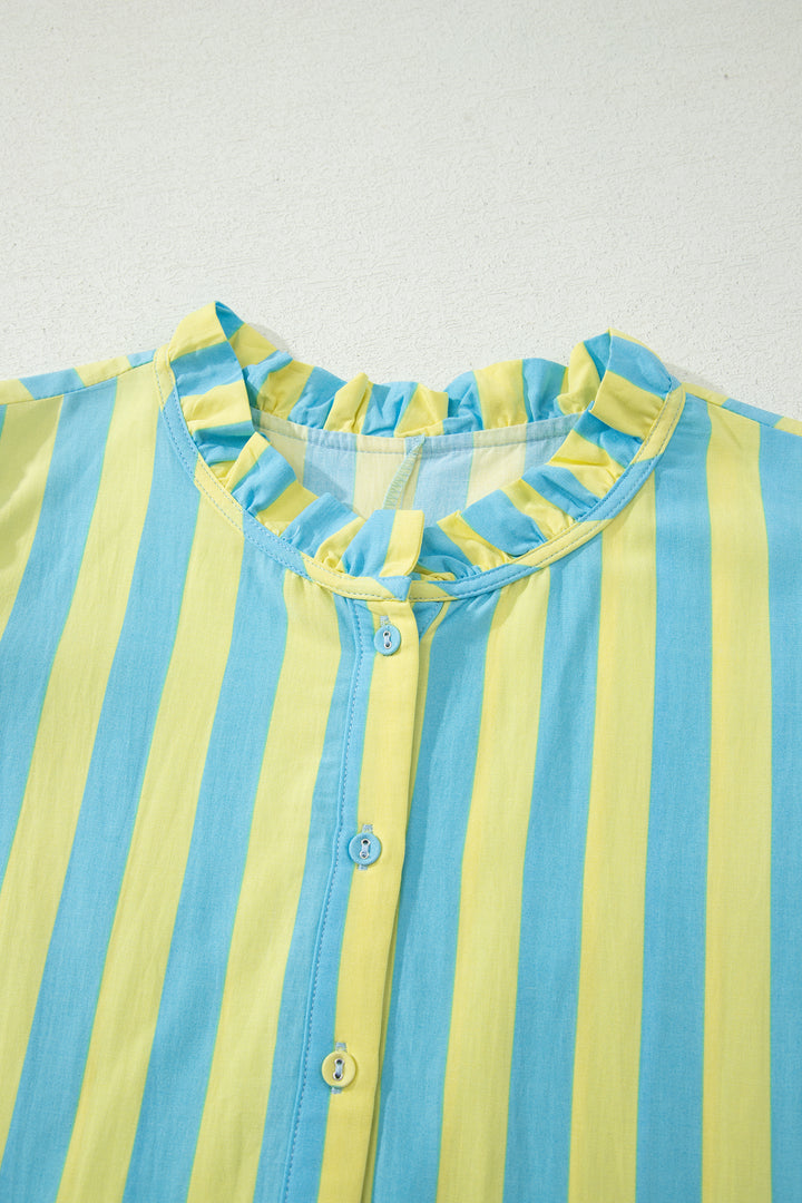 Stripe Half Button Puff Sleeve Loose Mini Dress