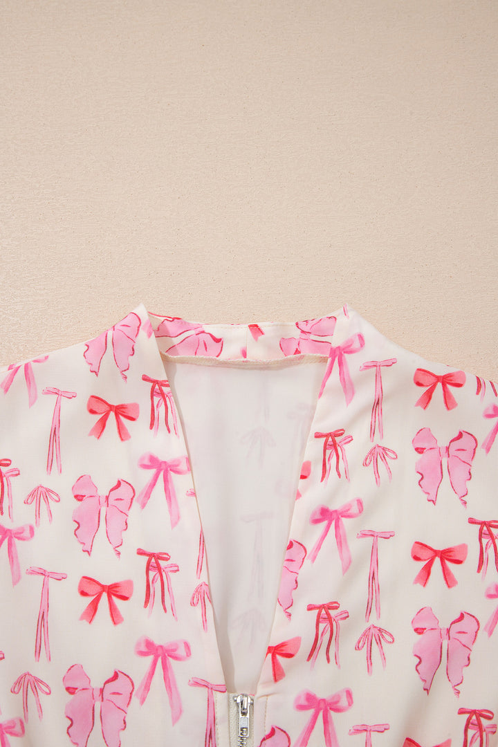 Pink Full Zip Cinched Waist Sleeveless Bow Mini Dress