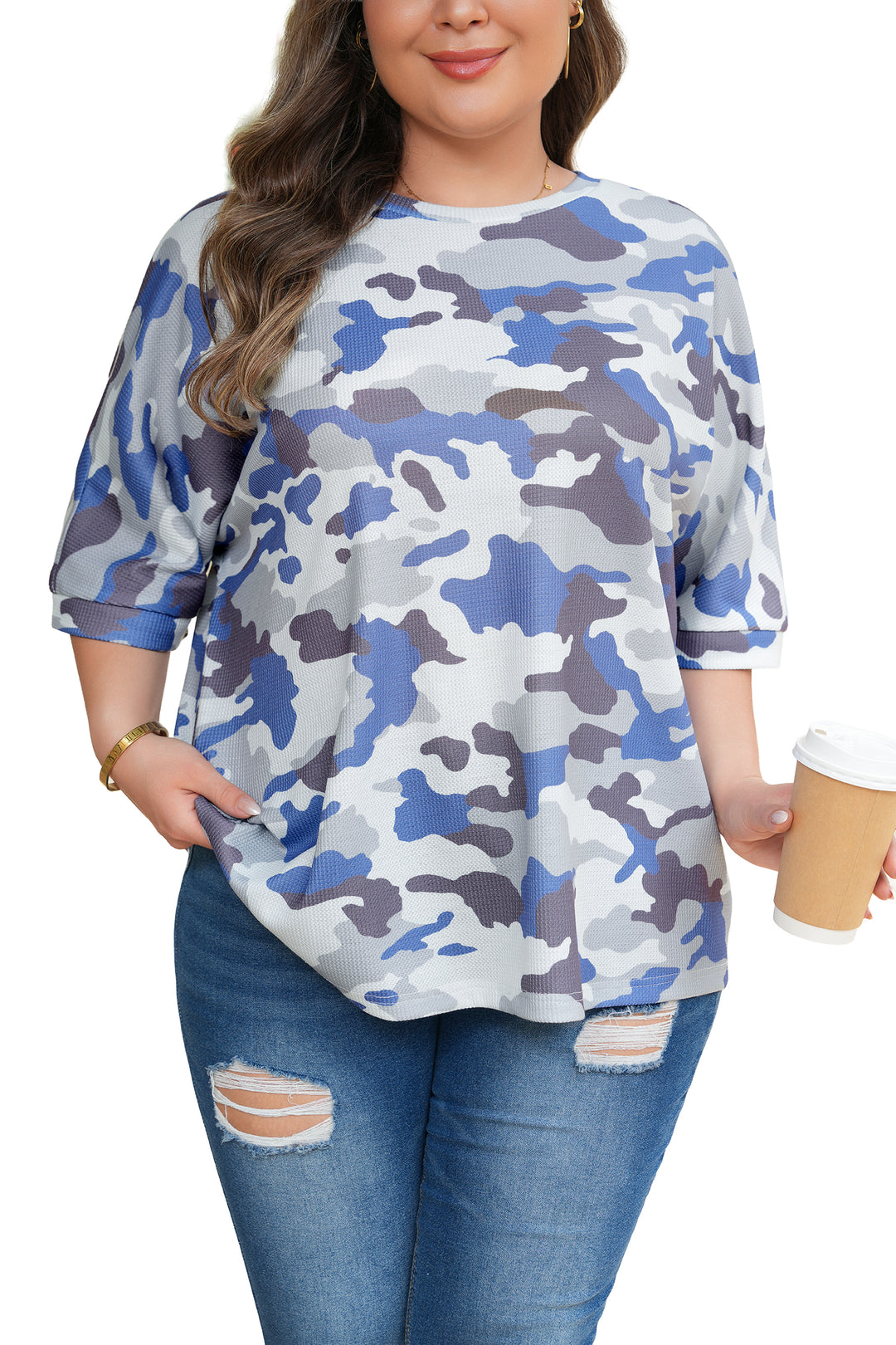 Gray Plus Size Camouflage Print Textured Casual Tee