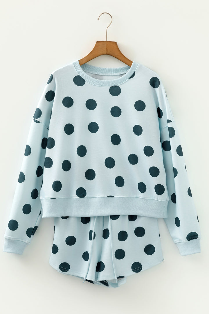 Polka Dot Print Drop Shoulder Pullover Drawstring Shorts Set