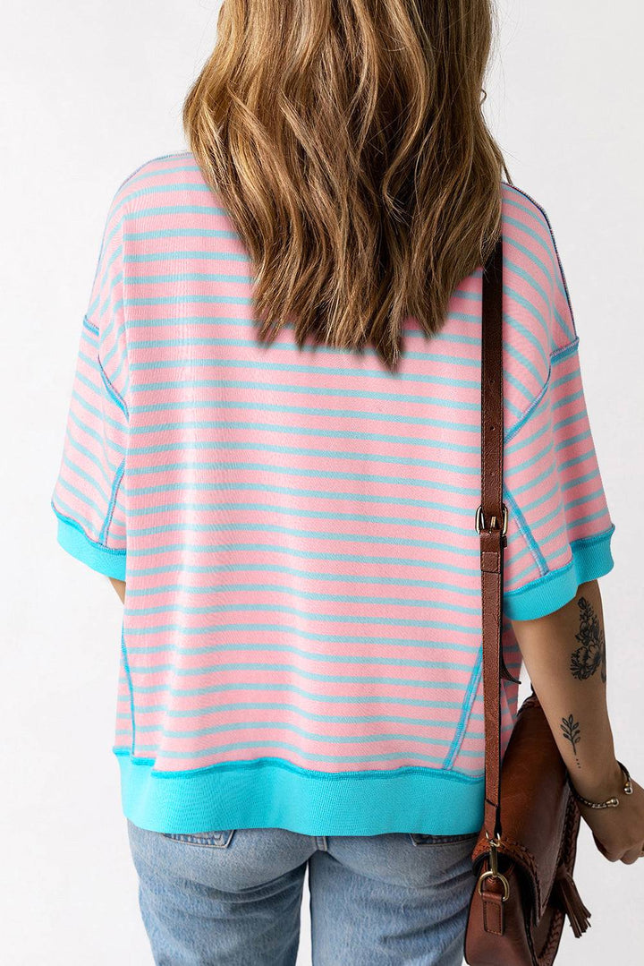 Stripe Oversized Contrast Trim Exposed Seam High Low T Shirt