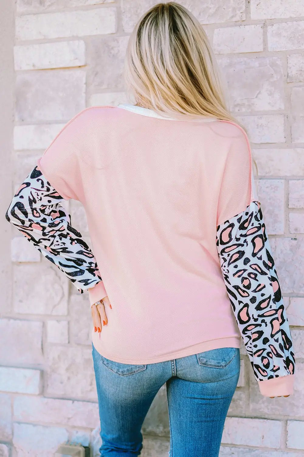 Parchment Leopard Sleeve Patchwork Waffle Knit Top -