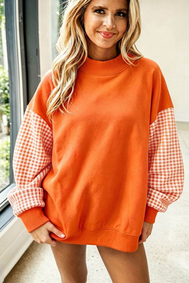 Plaid Sleeve Color block Loose Tunic Sweatshirt