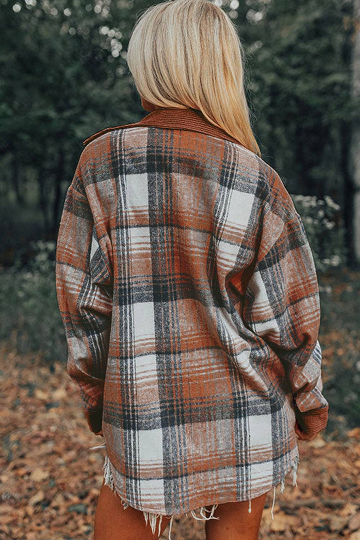 Back view of cinnamon plaid corduroy patchwork shacket showing oversized fit and fall tones. Ideal outerwear from Faith & Co. Boutique.